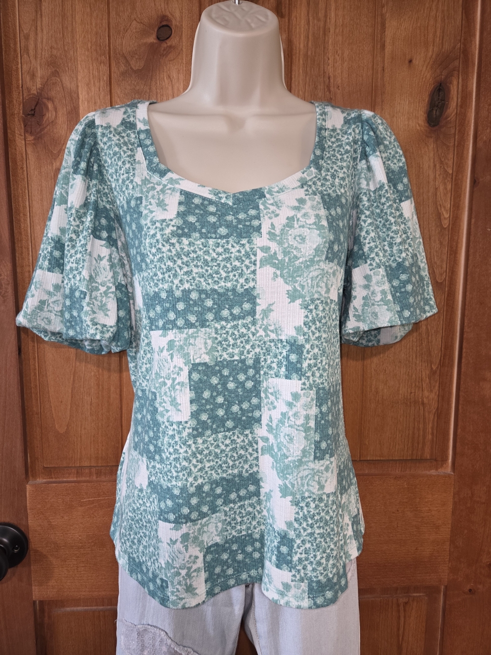 LC Lauren Conrad Teal and White Patchwork Floral Scoop Neck Top